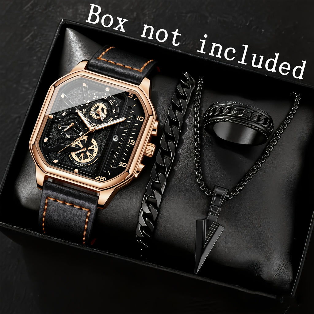 [ Quartz Watches for Men ] 1/4pcs/Set Vintage Faux Leather Watches, Stylish Black Sport Wrist Watch, Square Dial, Casual Watches | Clothing Additions | Business Watches | Reloj Para Hombre