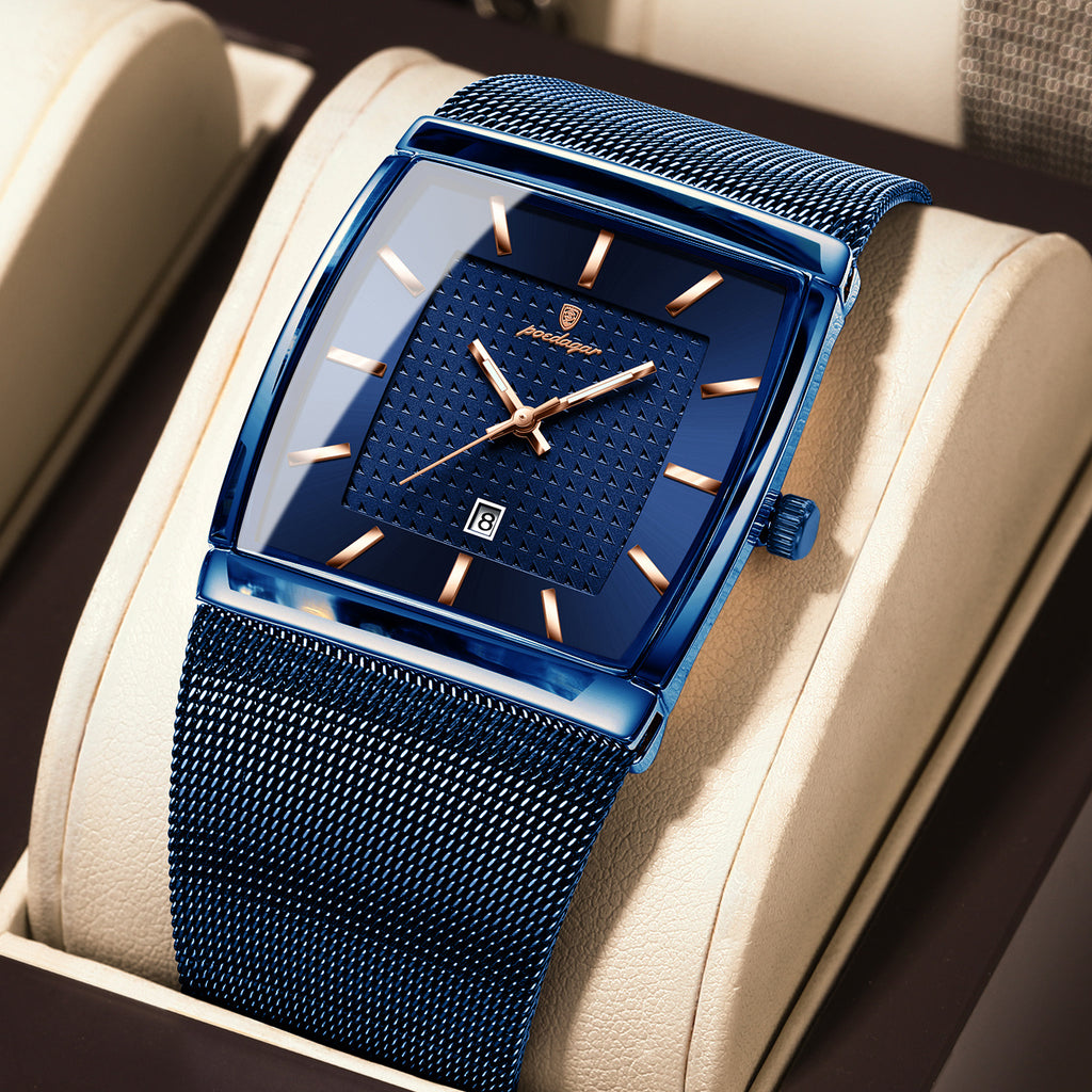 [Men's Casual Watch] POEDAGAR 885W Men's Fashion Casual Watch, 3ATM Waterproof With Blue Dial, Stainless Steel Mesh Band