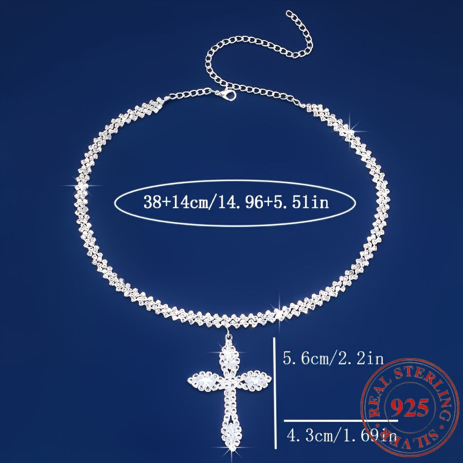 925 Silver Luxury Shining Cross Pendant Necklace, Synthetic Synthetic Zirconia, Silver Neck Jewelry Gift, Luxury, Exquisite, And Elegant, Neck Necklace