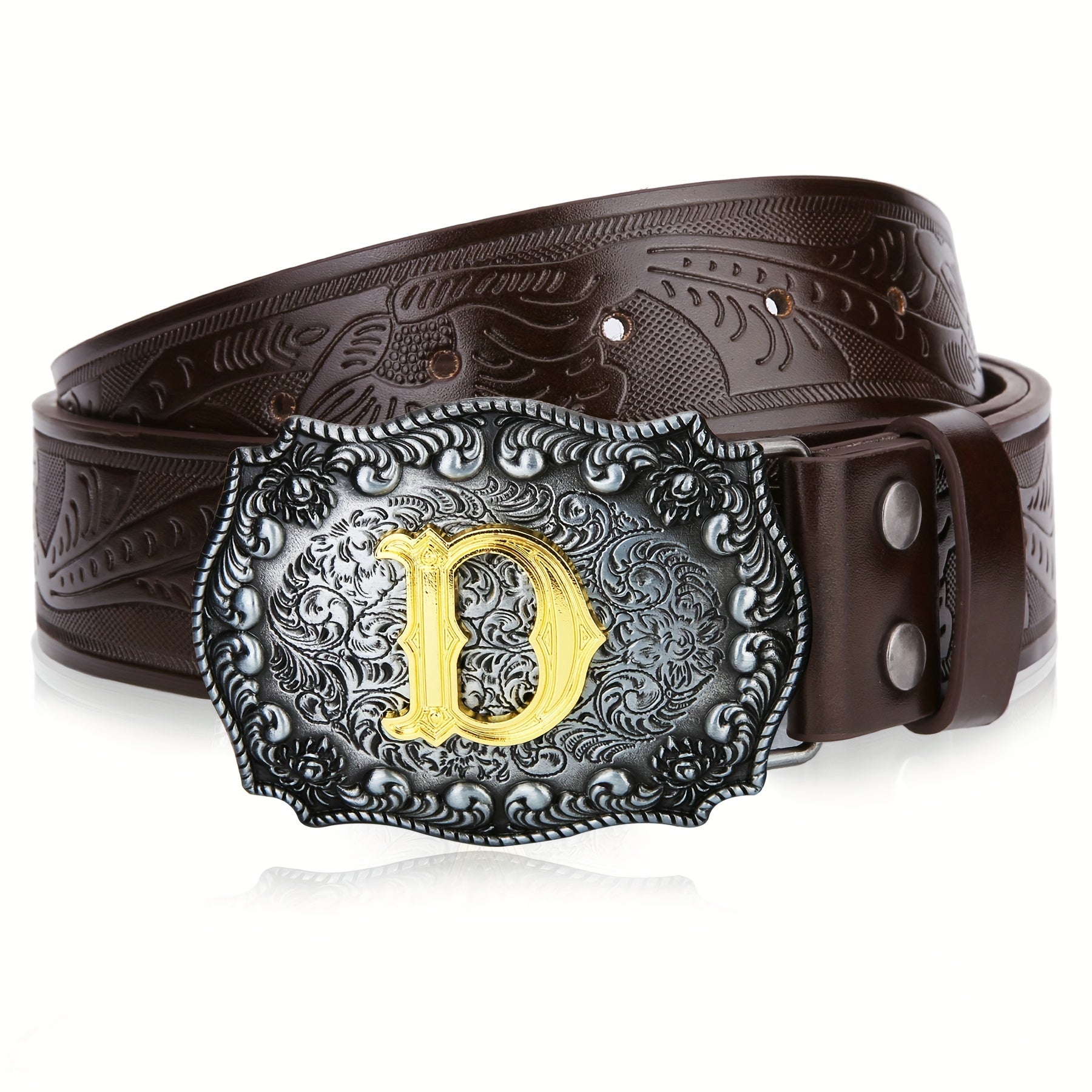 Mens Western Cowboy Cowgirl Embossed Floral Faux Leather Belt - Longhorn Bull Pattern Letter Big Buckle Belt - Stylish, Durable, Belts For Men