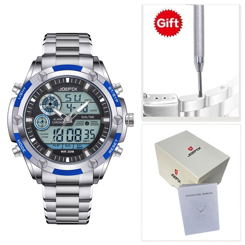 [Sport Wristwatch For Men] JOEFOX Men's Large Display Digital Watch - Stainless Steel Band, LED Backlight, 3ATM Waterproof, Chronograph, Alarm, Modern Sport Wristwatch For Men