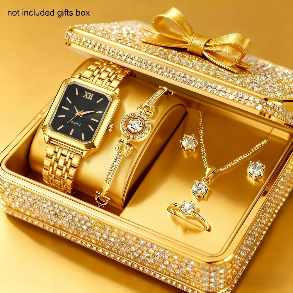 6pcs/Set Women Watches Set And 5pcs Luxury Jewelry for Women Set, Bracelet, Necklace, Earrings For, Ring, Elegant Watches for Women Set, Perfect for Mother'S Day, Valentine'S Day Birthday Gifts for Women, Women'S Watch, Boxes Not Included