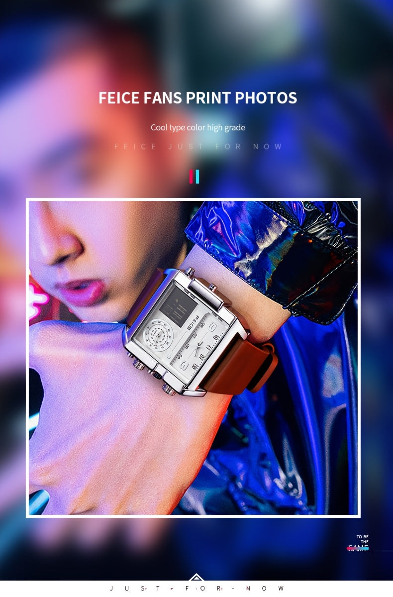 FEICE Fashion Business Men's Watch Digital LED Analog Quartz Watch 50mm Large Dial Square Men's Watch Multifunctional Sports Men's Watch Luminous Alarm Clock Timer 24H Calendar Cowhide Strap Men's Gift FK030