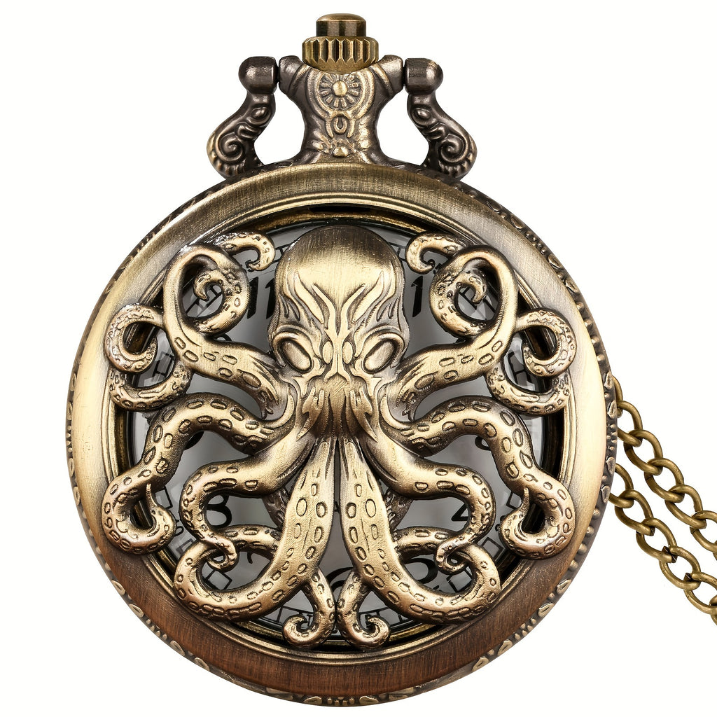 Unique Retro Copper Color Octopus Design Necklace Pendant Quartz Pocket Watch