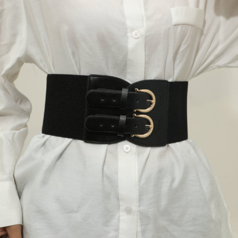 A Plain Bimetallic Buckle Width Women'S Corset Belt, a Casual And Easy Elastic Accessory for Dresses, Shirts, Coats, Suits, Suitable for Parties, Commuting, Street Events, And Holiday Outfits (Packaged in an Opp Bag)