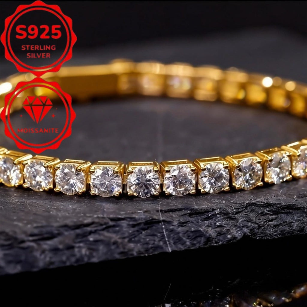 Luxury S925 4mm Sterling Silvery Moissanite Golden Tennis Bracelet- Bright Cut, Arranged Moissanite Design- Elegant French Style Women's Style, Suitable for Weddings, Birthdays, Total Weight Of The Product (7.71g)
