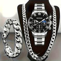 Set of 3 Men'S Stainless Steel Timepieces - Business Chronograph Quartz Watch with Coordinating Necklace And Bracelet, Analog World Time Function, Perfect for Professional And Formal Events, Great Gift Idea