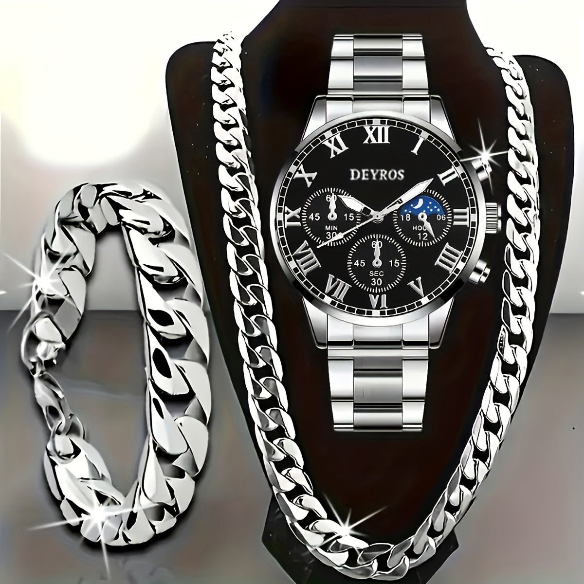 Set of 3 Men'S Stainless Steel Timepieces - Business Chronograph Quartz Watch with Coordinating Necklace And Bracelet, Analog World Time Function, Perfect for Professional And Formal Events, Great Gift Idea