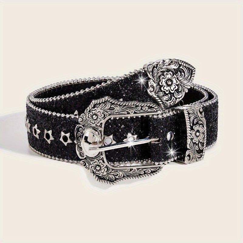 Retro Inlaid with Artificial Rhinestone Carved Buckle Belt Exquisite Gift INS French Fashion Trend Gift Daily Commuting Party Party to Wear to Send Friends a Family Gift (OPP Bag)