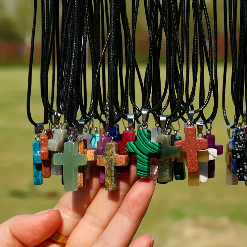 50pcs Mixed Natural Stone Cross Pendant - 25pcs Fashionable Cross Pendant With 25pcs Adjustable Black Faux Leather Necklaces Quartz Faux Jewelry For DIY Necklace, Bracelet, And Earring Making