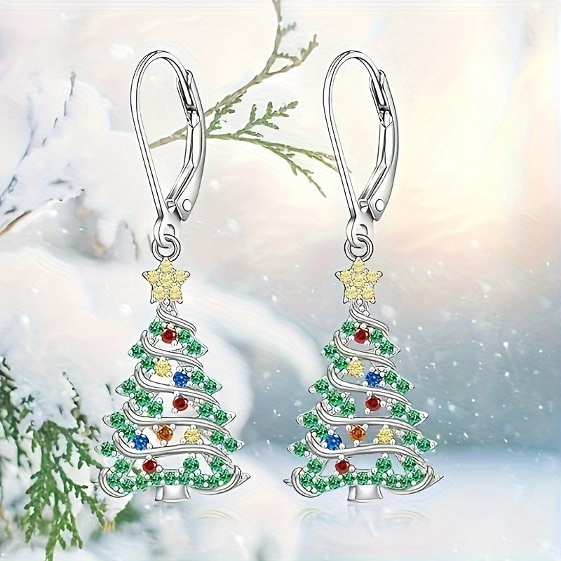 S925 silver elegant Christmas tree pendant earrings with sparkling cubic synthetic Synthetic Zirconia, perfect for daily wear and party holiday gifts