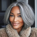 12 Inch Grey Layered Bob Wig for Women Short Bob Wig with Curtain Bangs Pixie Cut Curly Wig Synthetic Wavy Wig Daily Party Cosplay Wig