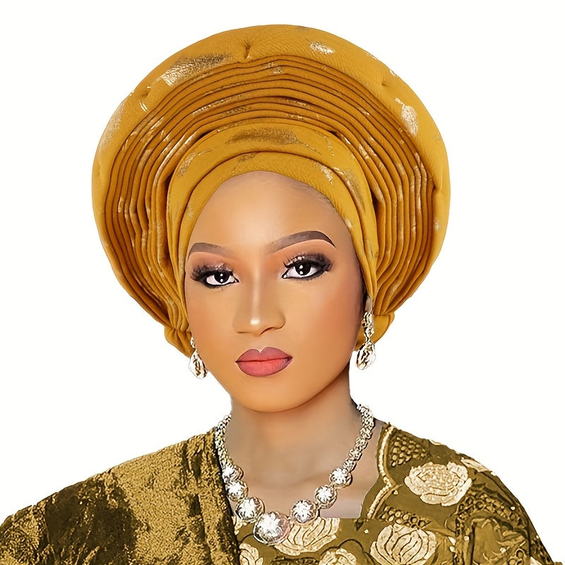 A Robust, Multi-Layered African Headscarf Hat Adorned with a Braided Crown, Perfect for a Nigerian Wedding