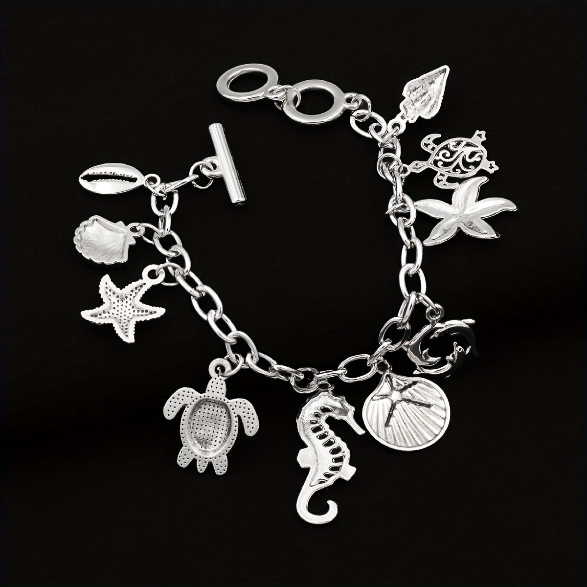 S925 Silver 1pc Ocean Style Seahorse Turtle Dolphin Starfish Sea Snails Scallop Conch Charm Pendant Chain Bracelet, Marine Animal Bracelet Friendship Jewelry Gift.Total Weight Of The Product (3g)