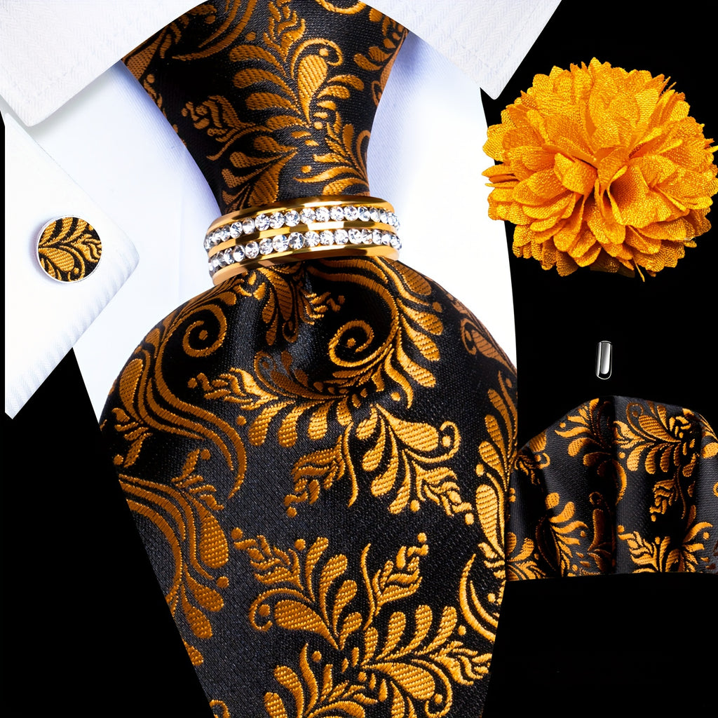 5pcs Set Men's Luxury Wedding & Business Accessory Kit - 2400-Thread Count Necktie, Pocket Square, Cufflinks, Lapel Pin & Tie Ring Set for Groom, Prom, Parties - Elegant Gift for Professional or Special Occasions (Complete Matching Set)