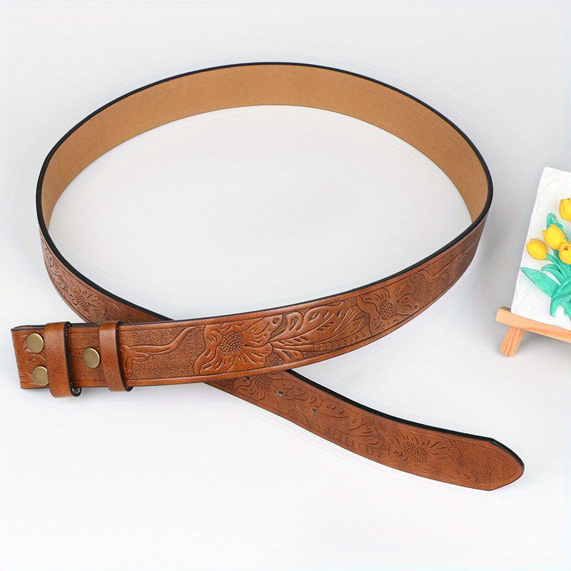 2pcs Men'S Western Cowboy Faux Leather Belts with Bull Buckle | Durable Embossed Floral Design in Black & Brown - Perfect for Western Events, Parties & Gifts | Brand: VERSDO, Buckle Material: Zinc Alloy Golden