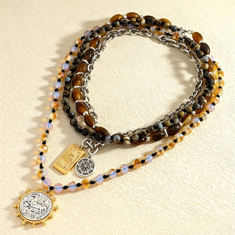 [Multi-Layer Stackable Necklace] Bohemian Vintage Multi-Layer Stackable Necklace For Women, Tiger's Eye Beaded Niche Design Nautical Compass Pendant Clavicle Chain