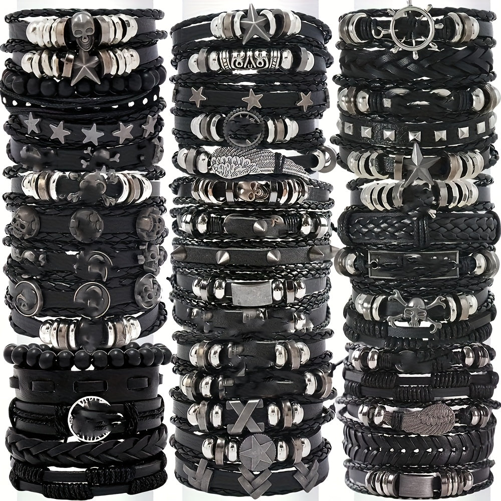 Random10/ 20/ 30pcs Punk Hip Hop Style Faux Leather Bracelets Set Multi-layer Skull Cross Star Halloween Chic Infinity Symbol Design Vintage Black for Teen And Gifts Thanksgiving Father's Day Graduation Creative Metal Dots Fashion Jewelry