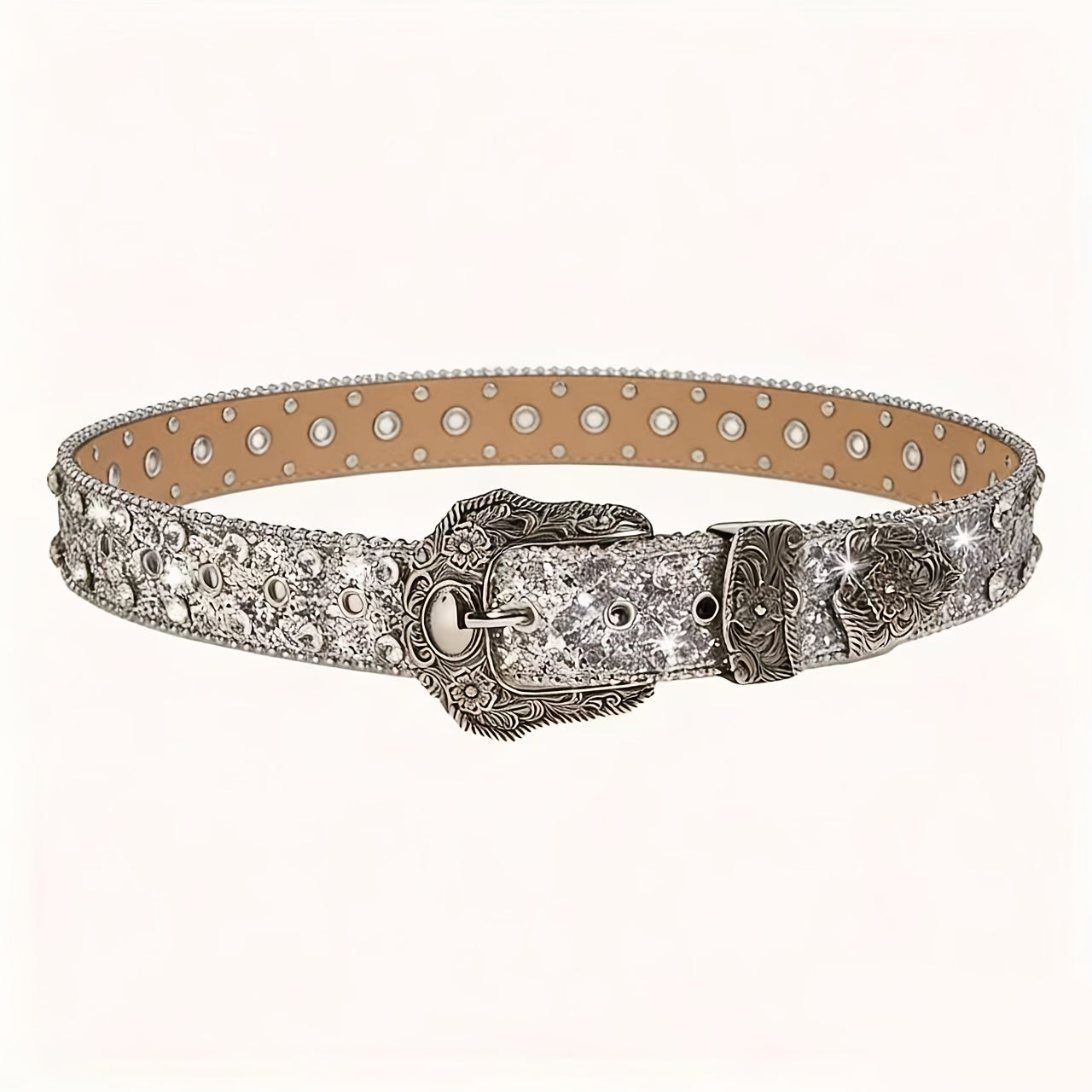Luxurious Sparkly Sequin Belt | Black Silvery Western Punk Style Rhinestone-Embellished Belt with Rivet Decorations, Exquisitely Carved Silvery Buckle & Adjustable Holes | Daily Fashion Metal Accent for Halloween, Summer, School, Autumn, Halloween