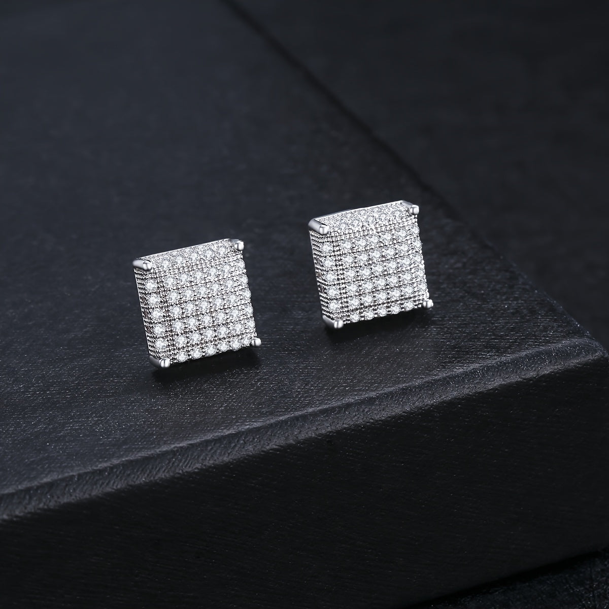 Classic Black Hip Hop Square Stud Earrings For Men, Copper Inlaid Sparkling Cubic Synthetic Zircon Jewelry, Iced Out Streetwear Earpins, Cool Gift For Him