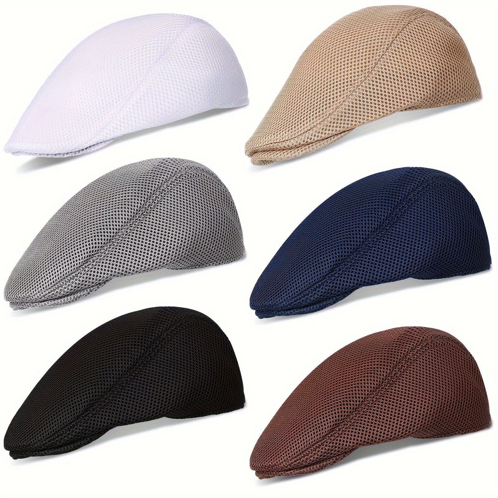 [Breathable Summer Cap] 6pcs Men's Mesh Flat Cap Breathable Summer Newsboy Cap Taxi Driver Flat Top