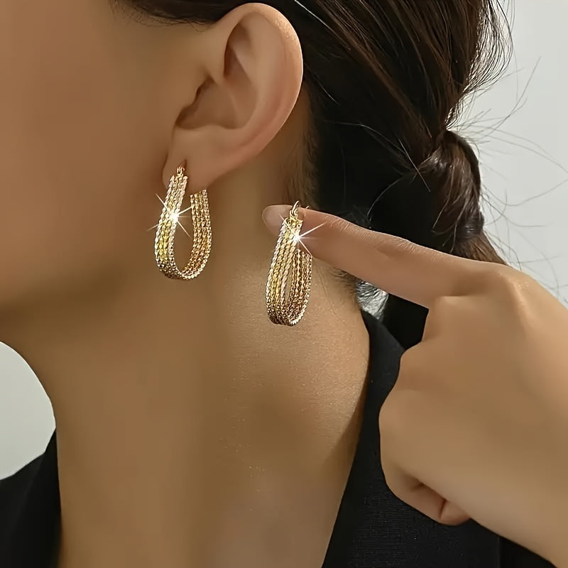 [Golden Copper Earrings] Fashionable and Shiny Water Droplet Ripple Hoop Earrings, Golden Copper Earrings, Elegant and Minimalist Style Women's Oval Earrings