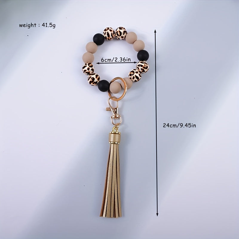 6pcs/set Leopard Print Wooden Bead String Wrist Key Ring Tassel Silicone Bead String Keychain Gift for Mom, Gift for Friends, Perfect Holiday Gift