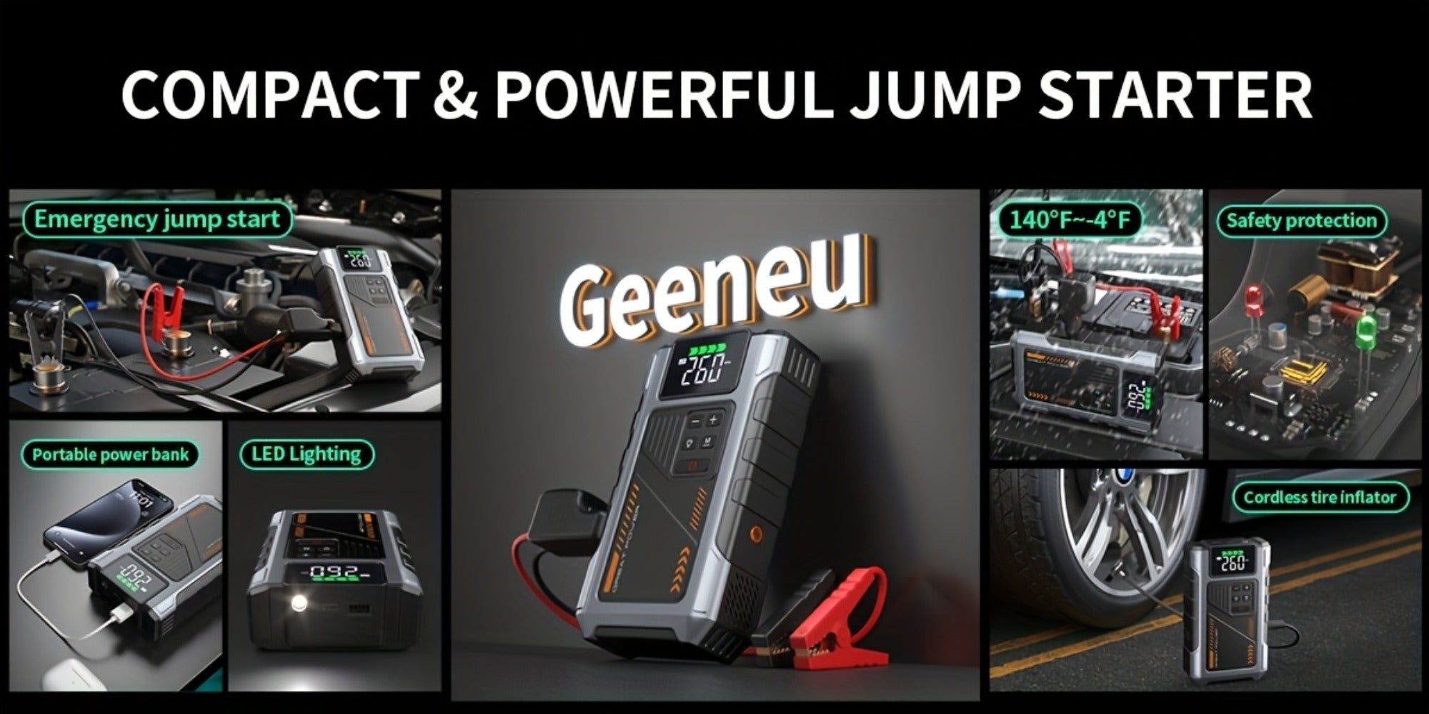 [Portable Jump Starter] 9-in-1 Portable Jump Starter with Air Compressor, Jump Starter for Car, Battery Jump Starter Portable, Car Battery Charger Portable For12V(8.0LGas/6.5L Diesel) Start The Car Quickly, USB Input/output, LED Emergency, Car Accessories