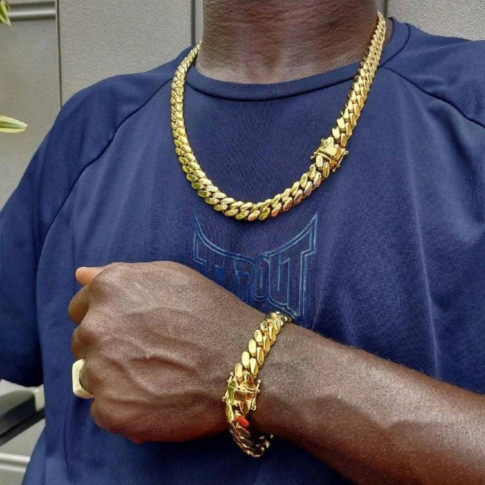 2pcs Cuban Links Chain Necklace Bracelet for Men 18K Golden Plated Plated 10mm Stainless Steel Curb Punk Hip Hop Jewelry Set