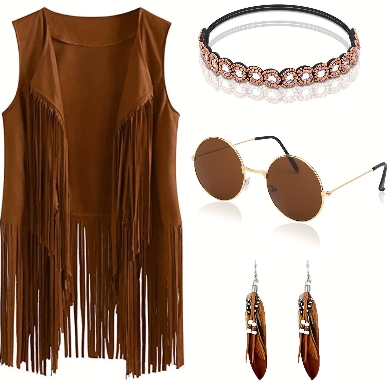 Women's 60s 70s Bohemian Hippie Costume Outfit - Fringe Vest Cowgirl Top with Brown Retro Vest Suitable for Themed Parties, Disco Events, Retro Fashion, Vintage Clothing, Style