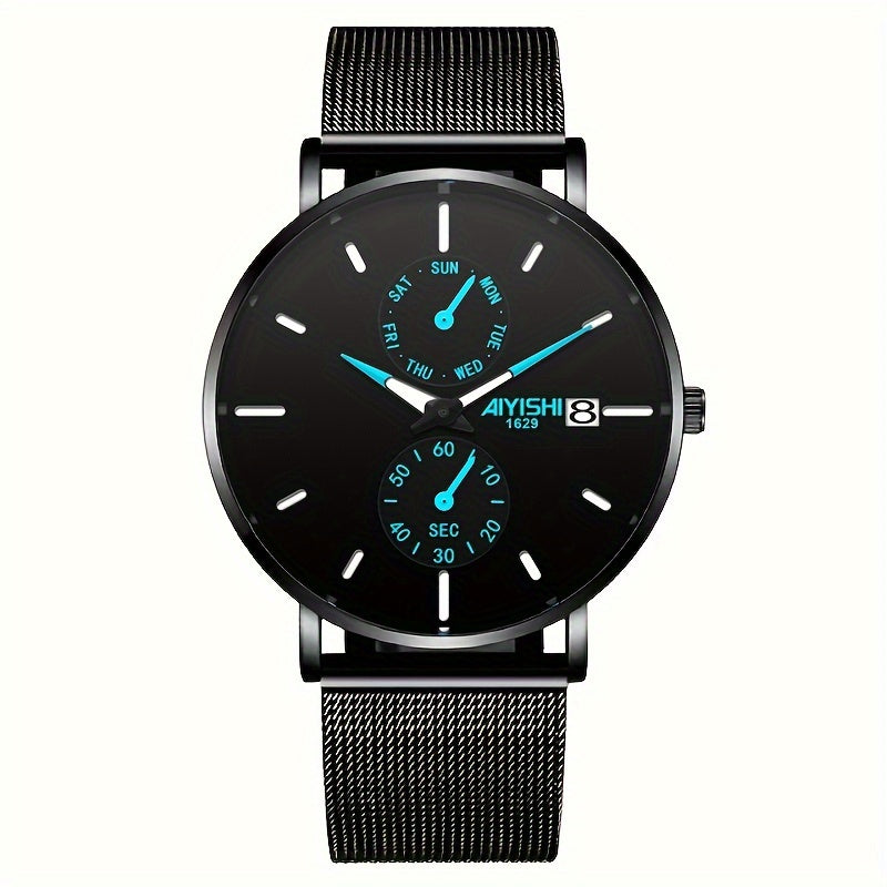 Men's Fashion Quartz Watch With Blue And Red Accents, Stainless Steel Mesh Strap, Modern Design, 14 Mm Case Thickness, Stylish Gift With Box