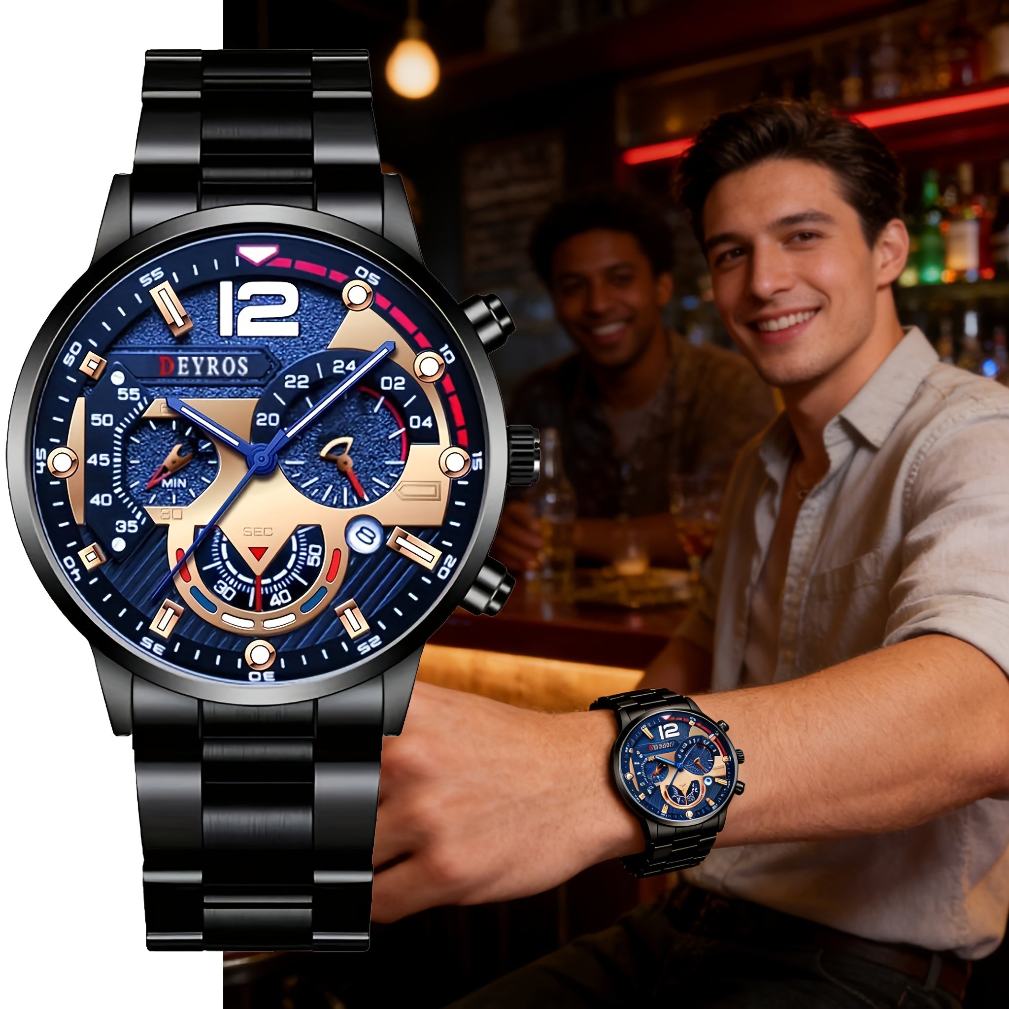 3pcs Men's Watch and Matching Necklace/Bracelet Combo - Luxury Analog Quartz Wristwatch with Matching, Elegant & Matching for Daily Wear, Gifts for Him (, Anniversary, Thanksgiving) - Stylish Complete