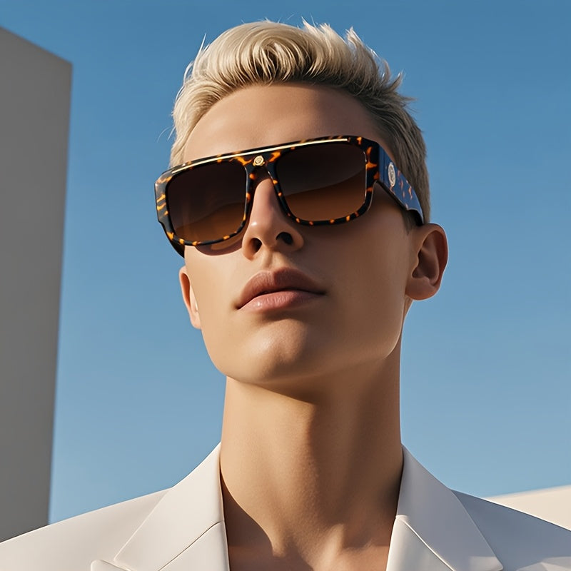 Men's Cyberpunk Square Fashion Eyewear - Extra Large Frame (>139mm), Lightweight Eyewear with Black and Golden Metal Trim, Over-the-Counter Decorative Lenses for Daily and Special Occasions - Futuristic Eyewear Street Fashion, Cosplay