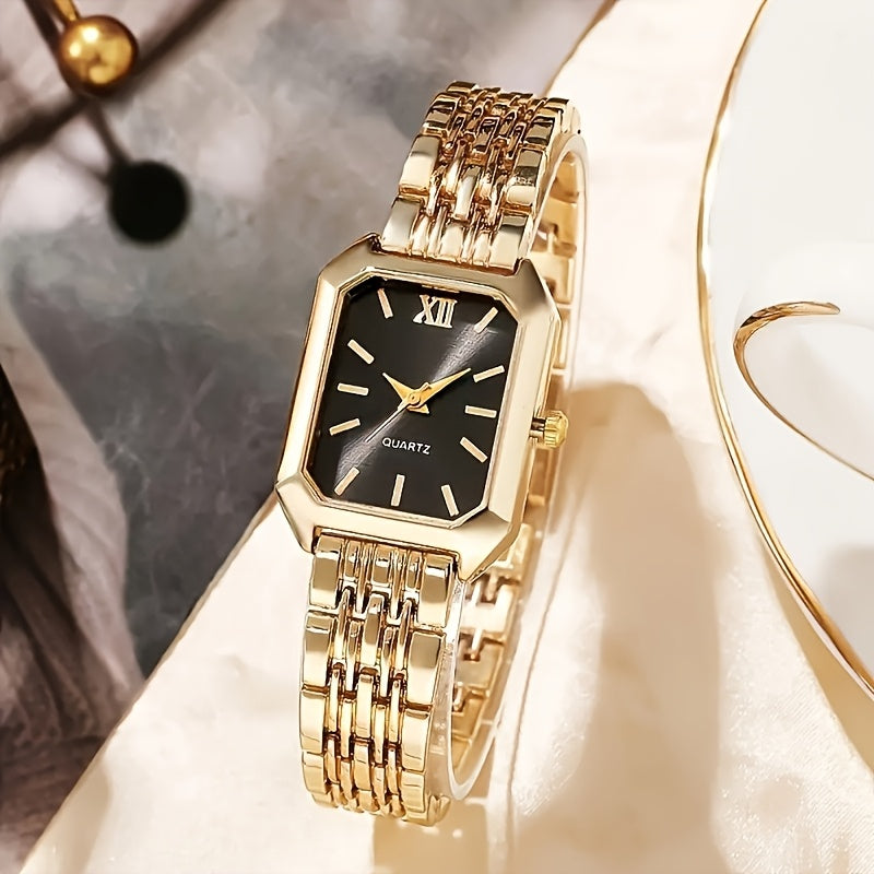 2pcs Elegant Luxurious Gold-tone Women'S Watch Set | Casual Rectangular-dial Analog Wrist Watches with Stainless Steel and Band, Non, Shock-resistant, Special Gift for Women