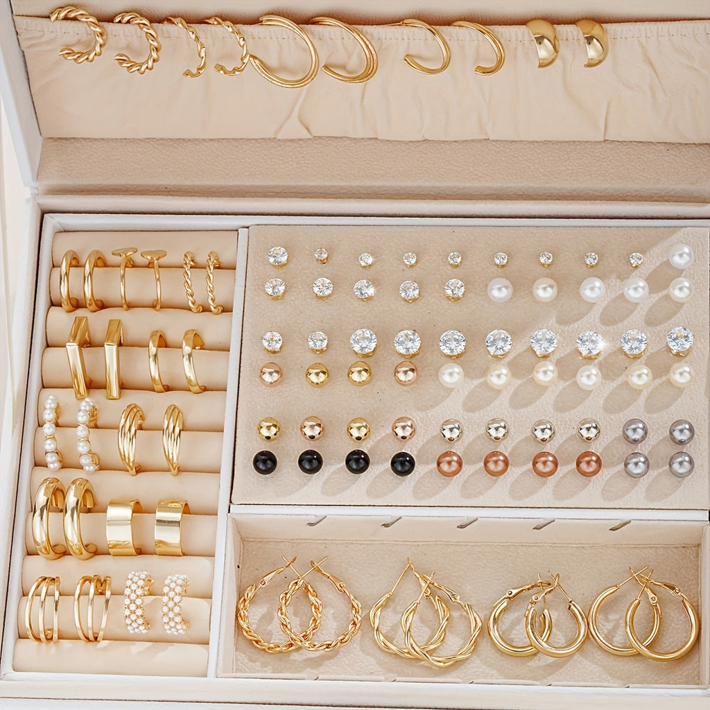 108pcs/Set Simple Imitation Pearl, Rhinestone & Metallic Geometric Design Stud Earrings, Hoop Earrings for Women, Vacation, Date, Daily Wear (Without Box)
