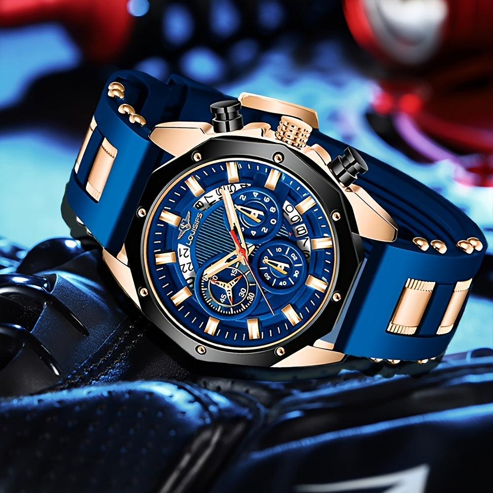 Men's Luxury Large Dial Chronograph Wristwatch - Blue & Golden Analog Watch with Day/Date/Month Display, Quartz Movement, 24H Chronograph, High Quality 1181.1inch, Elegant Brown Strap & Golden Buckle, Multi-Functional Business & Sports Watch for Formal &