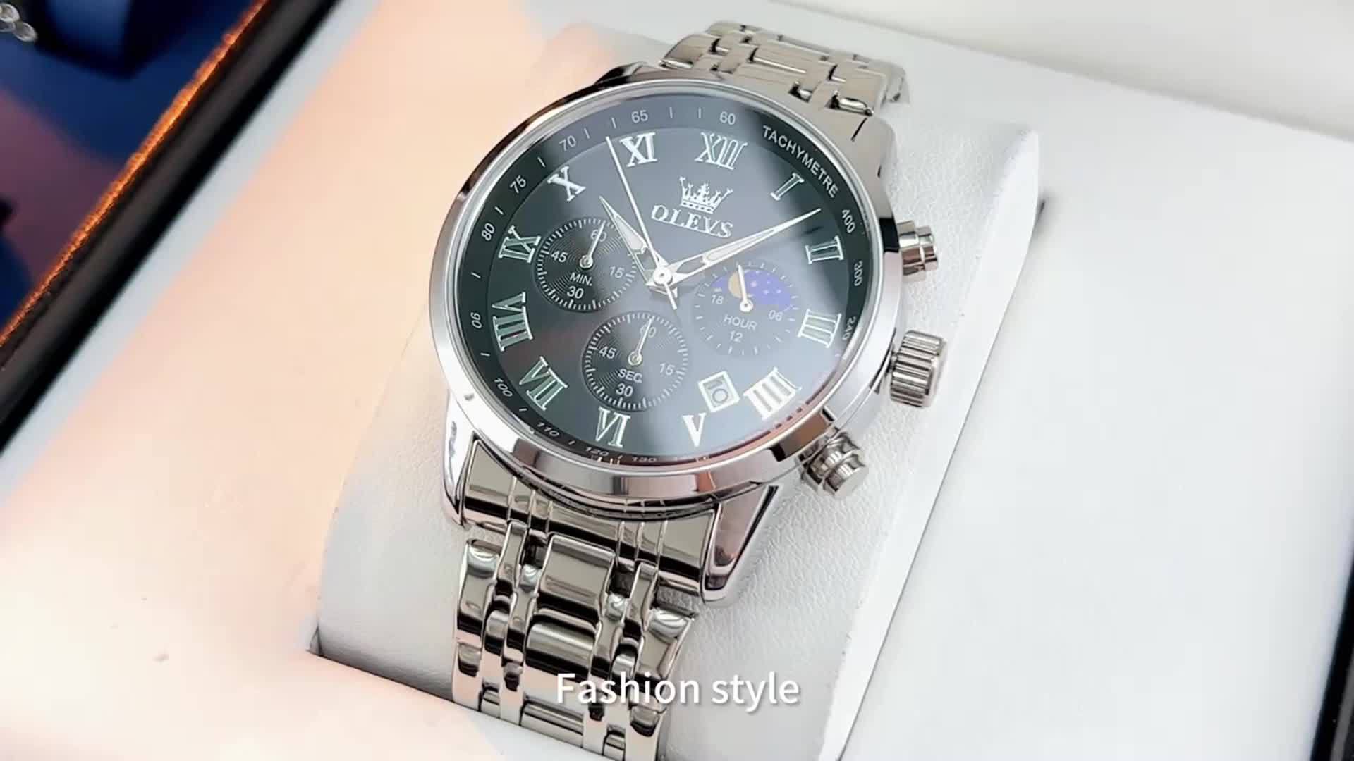 [Luxury Dress Watch] OLEVS Men Watch Stainless Steel Chronograph Roman Numerals Moon Phases Analog Quartz Luxury Dress Watch for Men