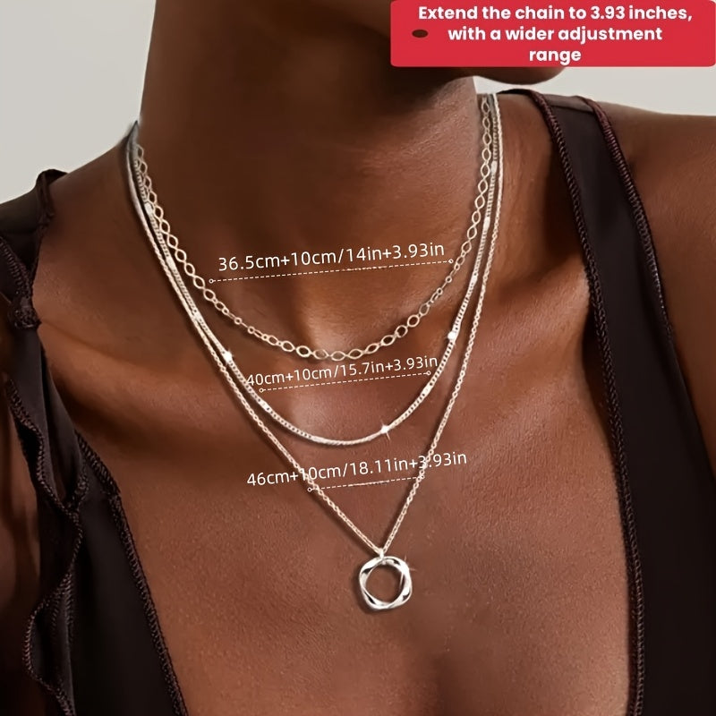 925 Pure Silvery Women's Necklace, Multi-layer Round Pendant Stacking Design, Trendy Fashion Jewelry, Suitable for Party and Vacation, Women's and Girls' Gifts