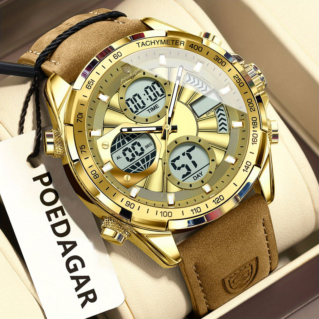 [Sleek Stylish Watch] The POEDAGAR Men's Watch Features a Sleek And Stylish Design Suitable for Casual Attire, Equipped with a Quartz Movement, Alarm Clock, Calendar, And Waterproof Capabilities, Offering Both Analog And Digital Displays