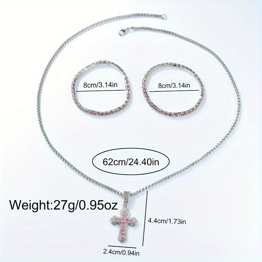 3pcs Set Fashion Watch and Jewelry Set, Elegant Pink Ring Watch Set with Rhinestone Accessories, an Ideal Gift Choice for Women