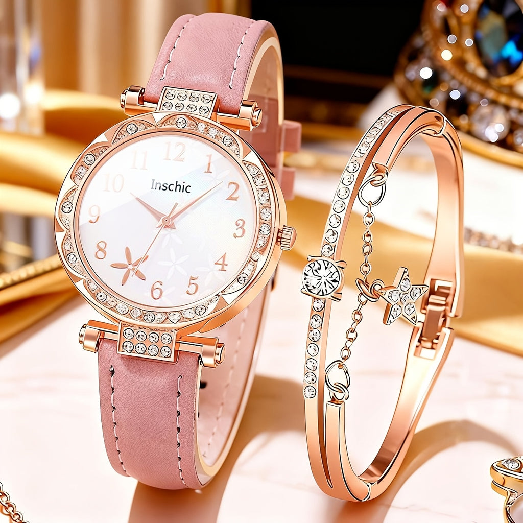 This Is a Set of Two Stylish Quartz Watches Featuring a Rose Golden And Pink Faux Leather Strap, Adorned with Sparkling Rhinestones. The Round Dial Showcases a Heart Design, Making It an Ideal Gift for Valentine'S Day, Birthdays, And Parties