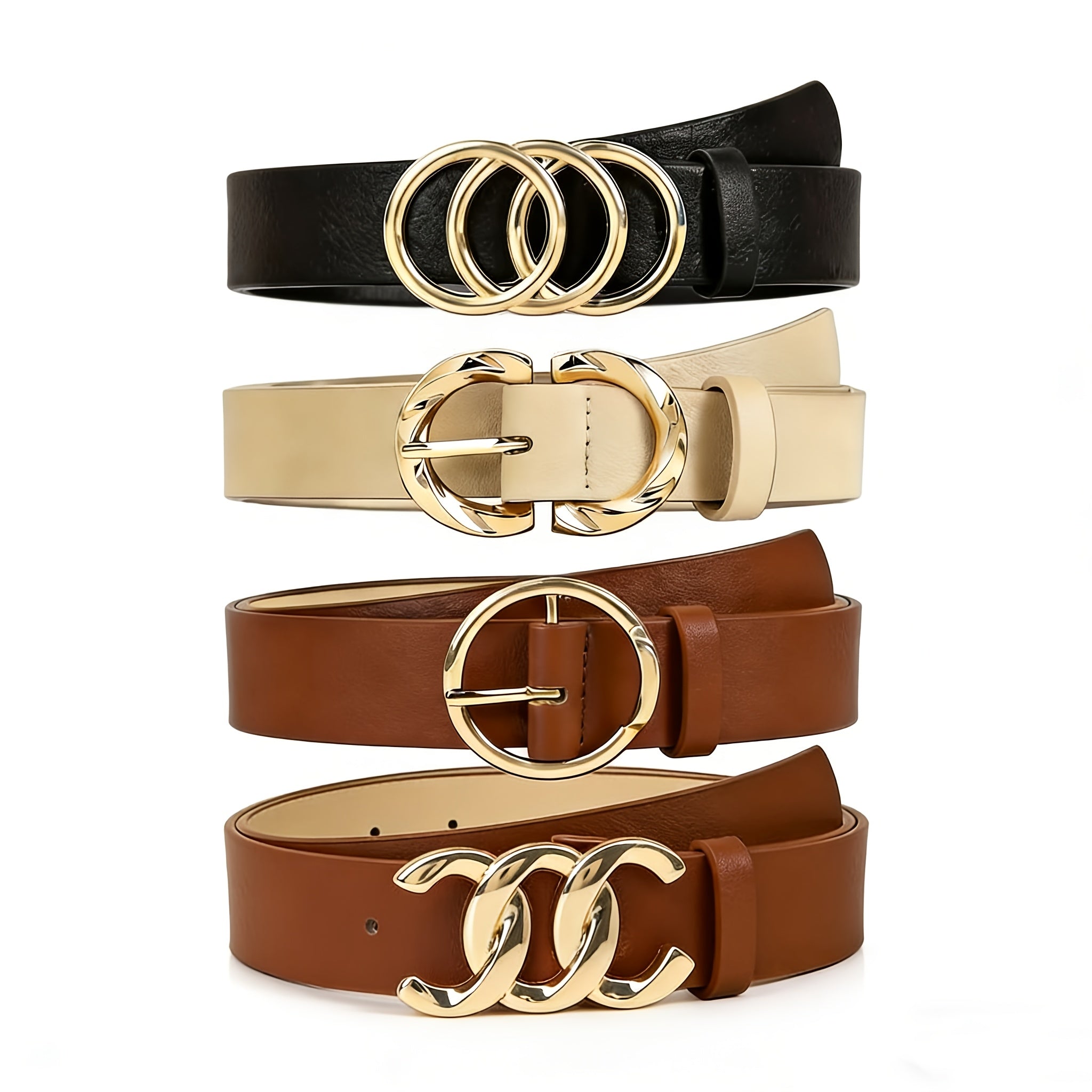 4pcs Set - Women's Fashion Belt, Retro Appearance with Elegant Golden Metal Buckle, Adjustable Design Suitable for Daily Casual Clothing Such As Jeans And Skirts