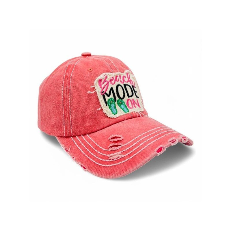 Beach Mode On Vintage Distressed Embroidered Baseball Cap For Women - 100% Cotton, Breathable, Casual, Adjustable, UV Protection