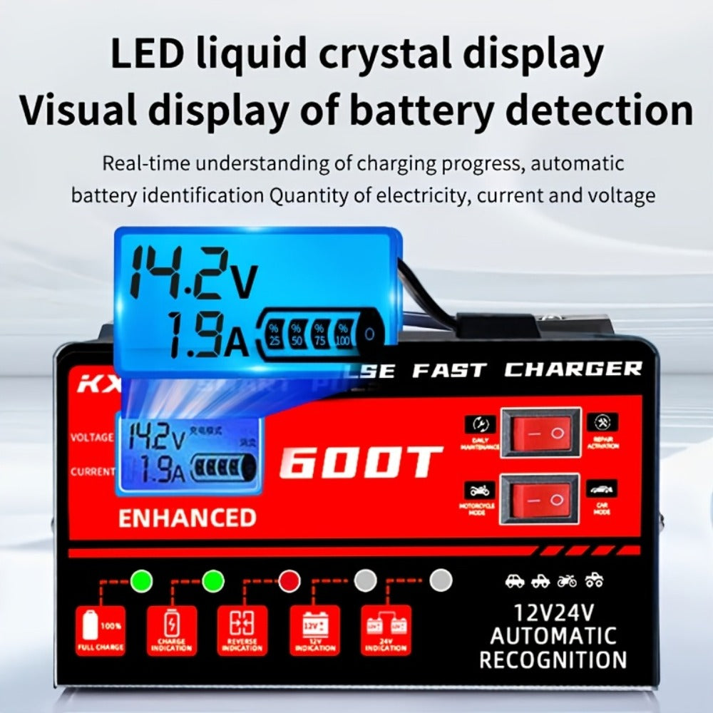 Advanced Smart Universal Battery Charger for 12V And 24V, with LCD Screen, Pulse Repair Function, And Temperature Regulation - Designed for Smart Trickle Charging Maintenance of Car, Truck, Harvester, Lawn Mower, Boat, And Motorcycle Batteries