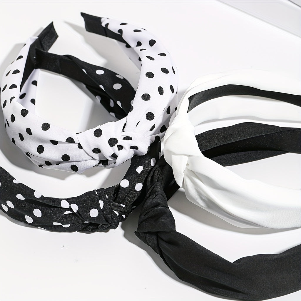 4pcs Women’s Knotted Headbands – Stylish Wide Brimmed Hair Accessories with Elegant Polka Dot Design in Black & White, Retro and Minimalist Look for Daily Wear, Cute Hair Accessories