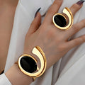 [Fashion Jewelry Set] 1 Ring and Bracelet Set | Women's Fashion Jewelry Retro Geometric Black Acrylic for Everyday All-in-One Party Gifts - Local Warehouse