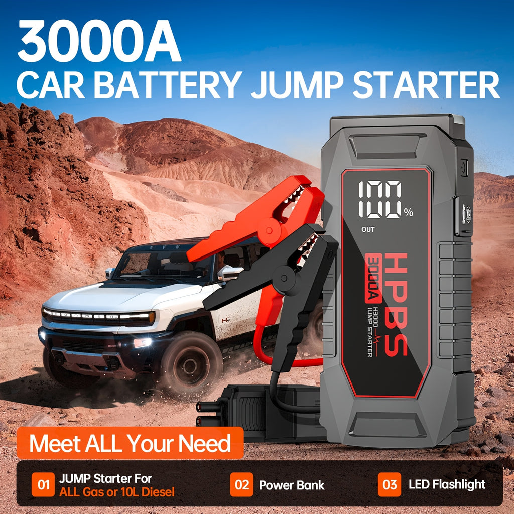 Jump Starter Battery Pack with Power Bank, 12V Battery Booster Charger for 2.64gal Gas And 2.11gal Diesel Engines-Motorcycle, Car, SUV, PICK-UP, Truck, Quick Start Dead Battery, Multi-Functional Flashlight for Outdoor Adventures