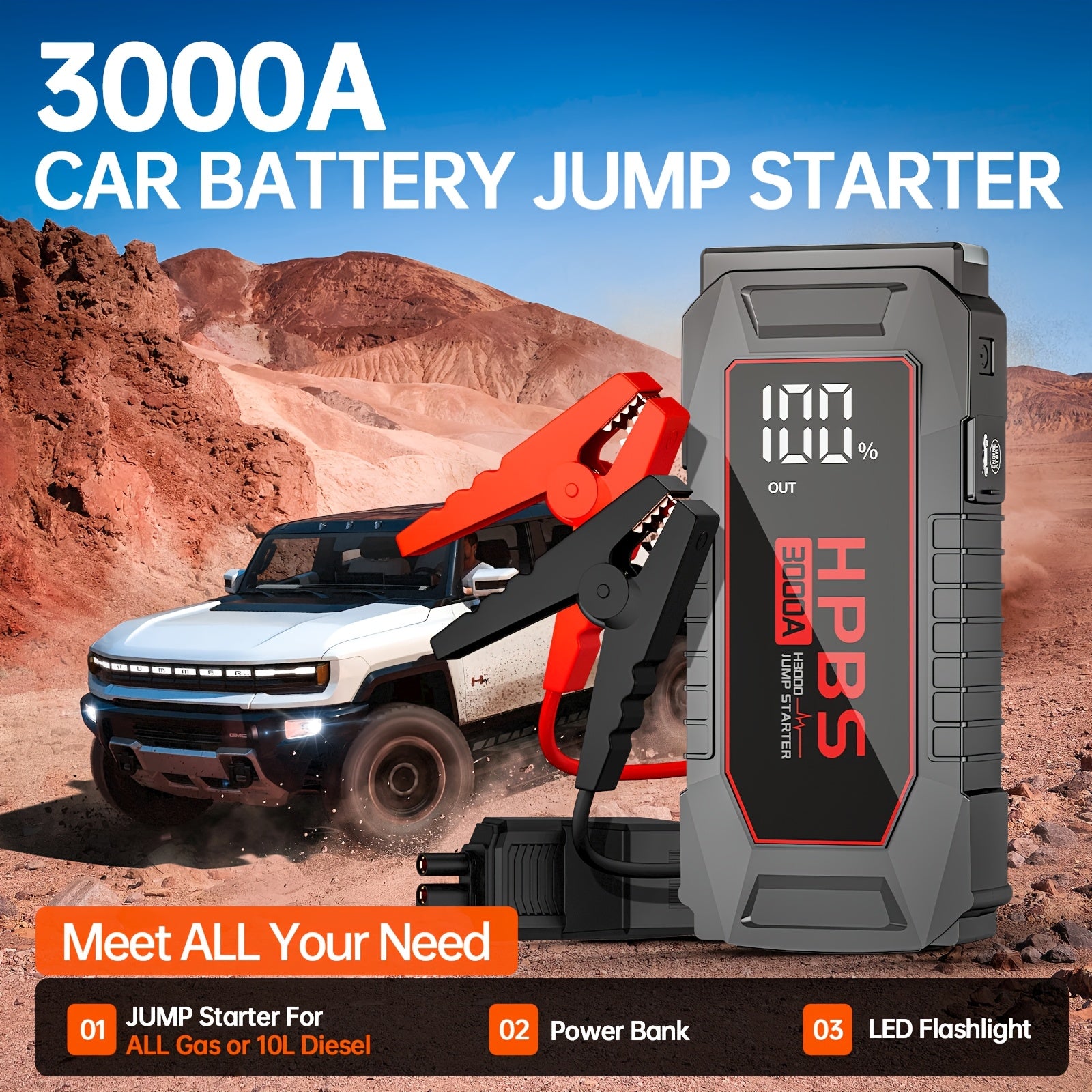 Jump Starter Battery Pack with Power Bank, 12V Battery Booster Charger for 2.64gal Gas And 2.11gal Diesel Engines-Motorcycle, Car, SUV, PICK-UP, Truck, Quick Start Dead Battery, Multi-Functional Flashlight for Outdoor Adventures