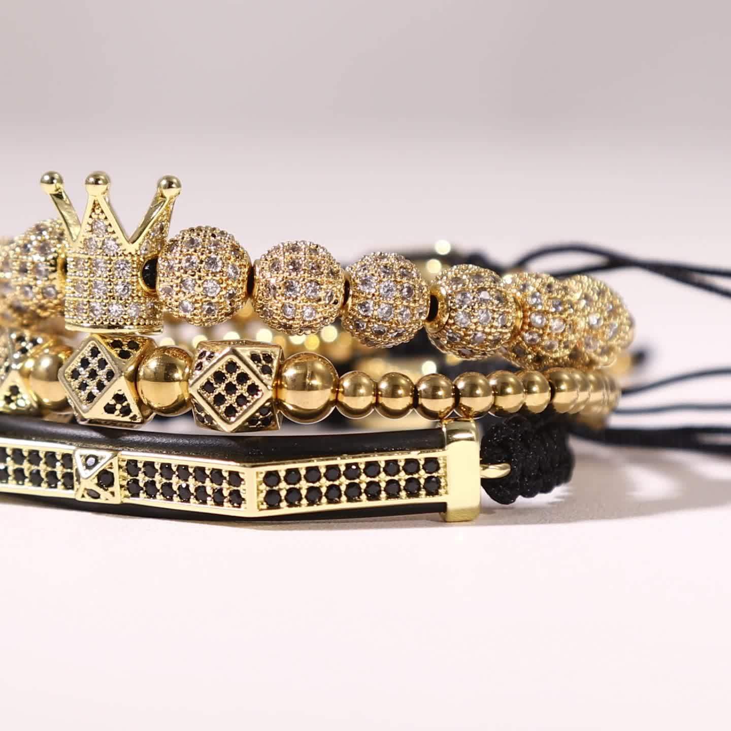 Crown Stone Prism Bead Woven Bracelet Set for Men
