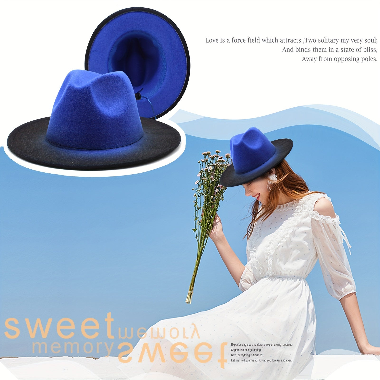[Classic Two Tone Hat] Flongo Women Men Classic Two Tone Gradient Color Wide Brim Fedora Hat Jazz Panama Cap